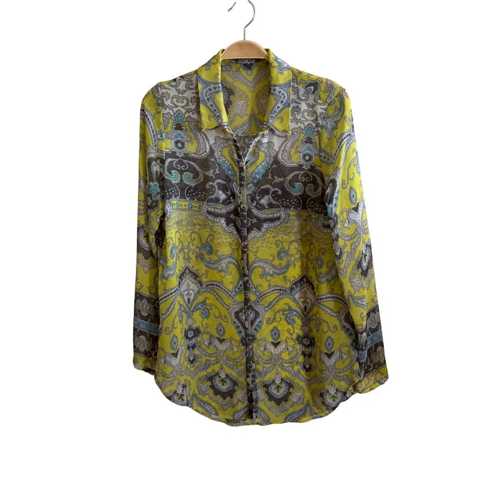 Yoana Baraschi Lime Green Paisley Sheer Button Down Blouse Long Sleeve Top 10893